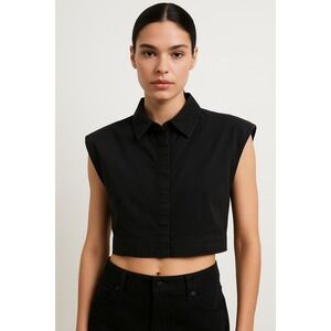 Zara Crop Top Sleeveless Collared Blouse Dark‎ Academia Style Black Medium